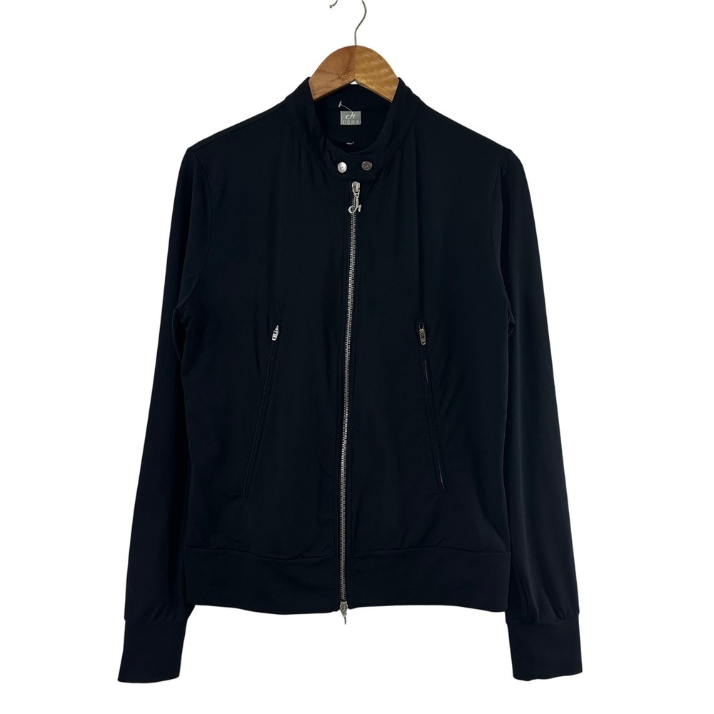 Deha Black Full Zip Track Jacket Made in Italy‎ Rhinestone Logo Mock Neck Large